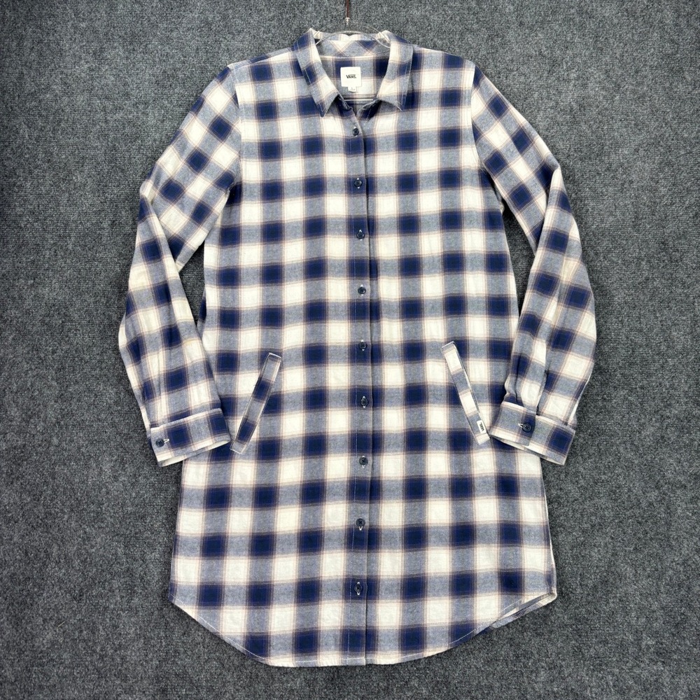 Vans Womens Large Blue White Plaid Flannel Button Down Shirt Dress Long Sleeve
